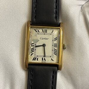 Vintage Cartier Tank 18k Yellow Gold Plated 17J Dress Watch Manual Wind Black